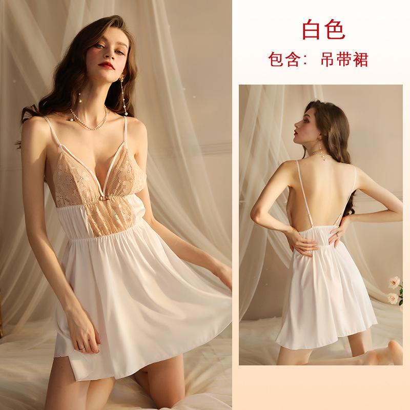 Pure Desire Sexy Lace Patchwork Cami Deep V Sweet Satin Skin-Friendly Nightgown Loungewear 417 Romantic Comfortable Sleepwear with Feminine Lace