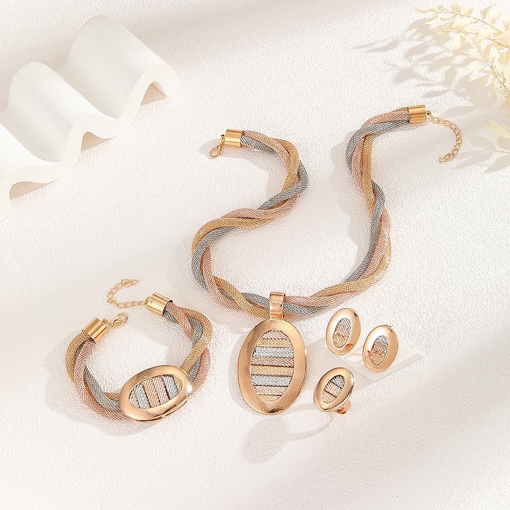 Handmade Tricolor Mesh Jewelry Set: Necklace, Earrings, Ring, Bracelet - European & American Design for Middle Eastern Ladies