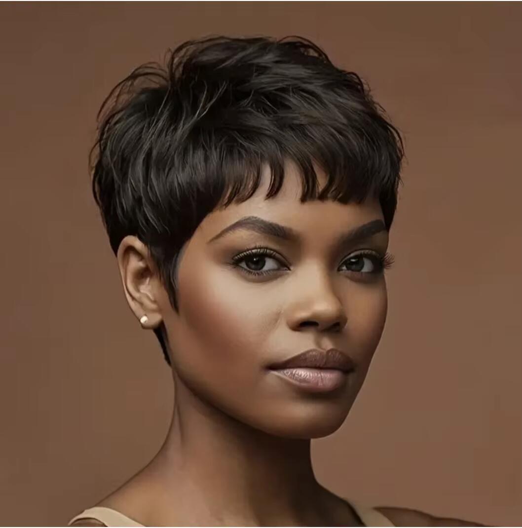

Synthetic short black hair wig Pixie cut wig for Bangs short Fak wig for women party wig short hair