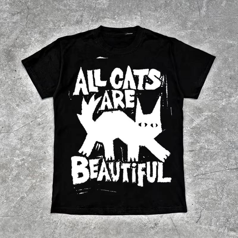 Европейский и американский стиль Японская летняя новая мужская футболка Пасхальный панк Принт кошки Готика Хип-хоп Харадзюку Топ Свободный для работы M