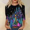 Women's Christmas Print 3/4 Sleeve Neck Loose Fit Casual Shirt