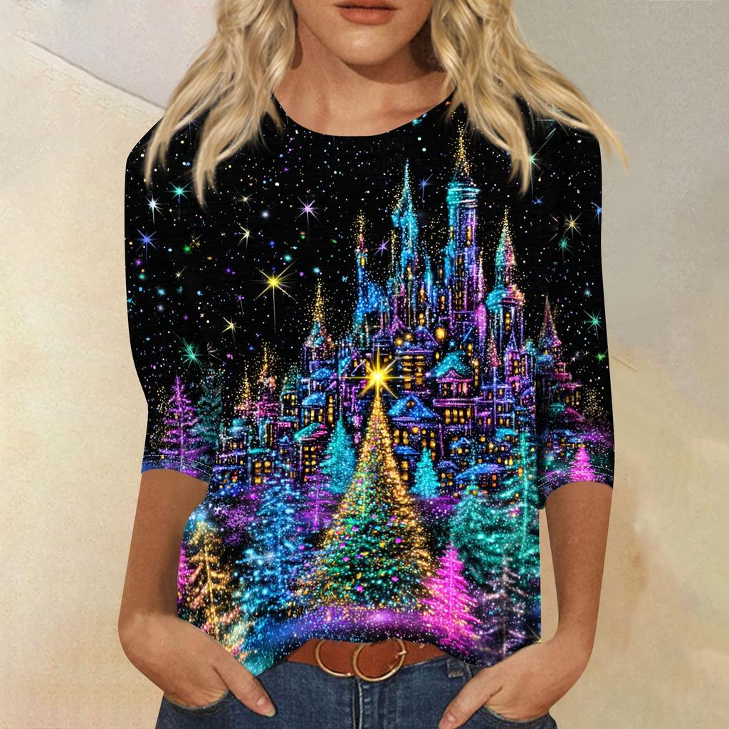 Women's Christmas Print 3/4 Sleeve Neck Loose Fit Casual Shirt