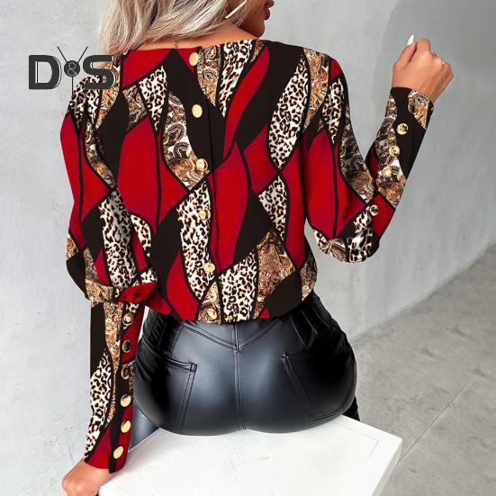 Women Spring Shirt Color Matching Print O Neck Long Sleeve Button Decor Soft Breathable Elegant OL Commute Blouse