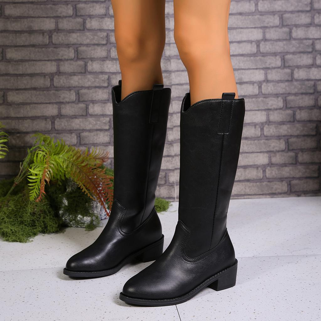 European and American large-size pointed V-shaped western boots 2024 autumn and winter new women's boots knight boots thick heel medium heel boots
