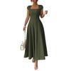 Women's Solid Color Square Neck Slim Fit A-Line Dress Cap Sleeve Midi Length Casual Dress for Daily Wear