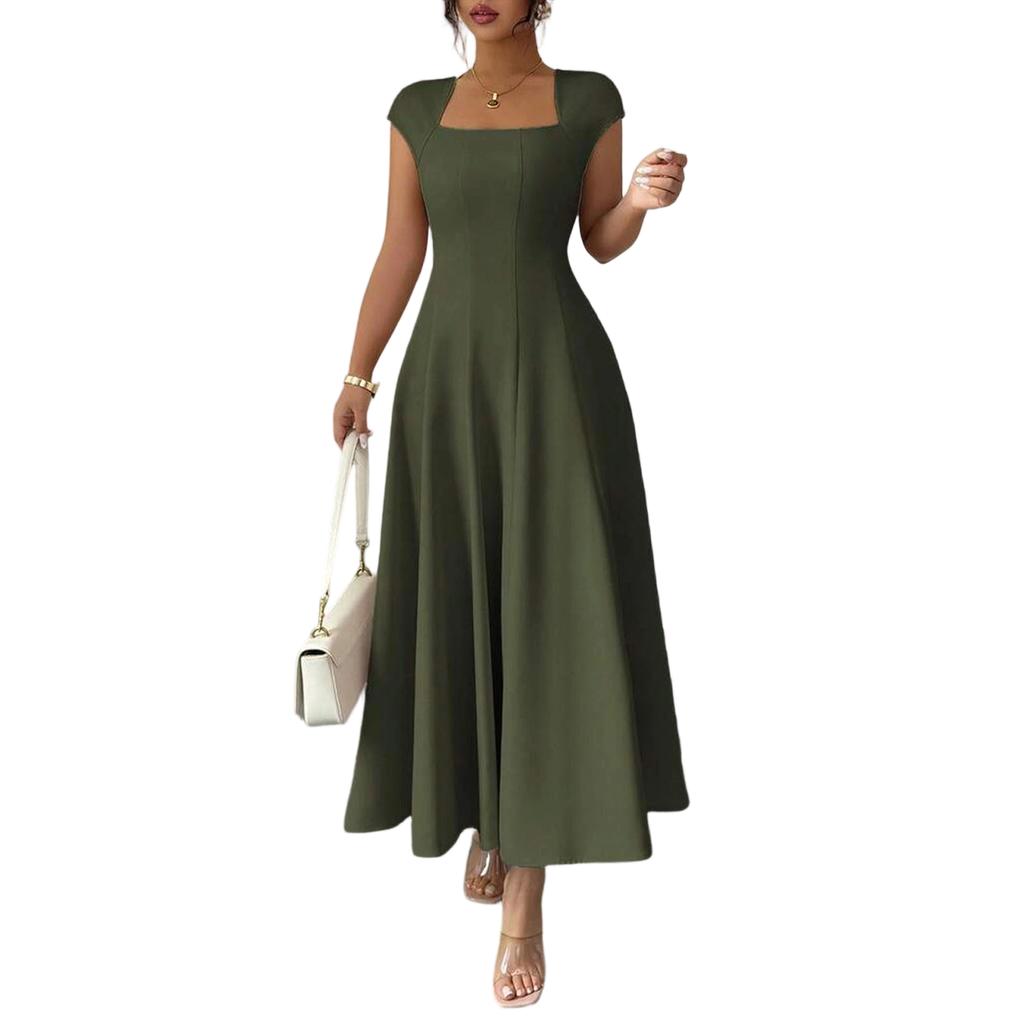 Women's Solid Color Square Neck Slim Fit A-Line Dress Cap Sleeve Midi Length Casual Dress for Daily Wear