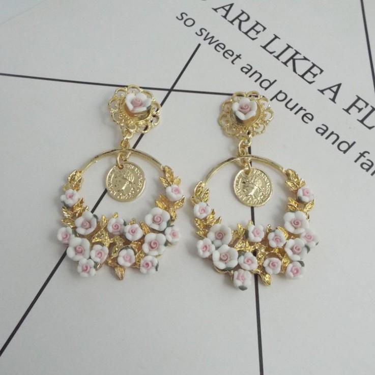Retro Pastoral Large Hoop Earrings with Ceramic Flowers for Women
