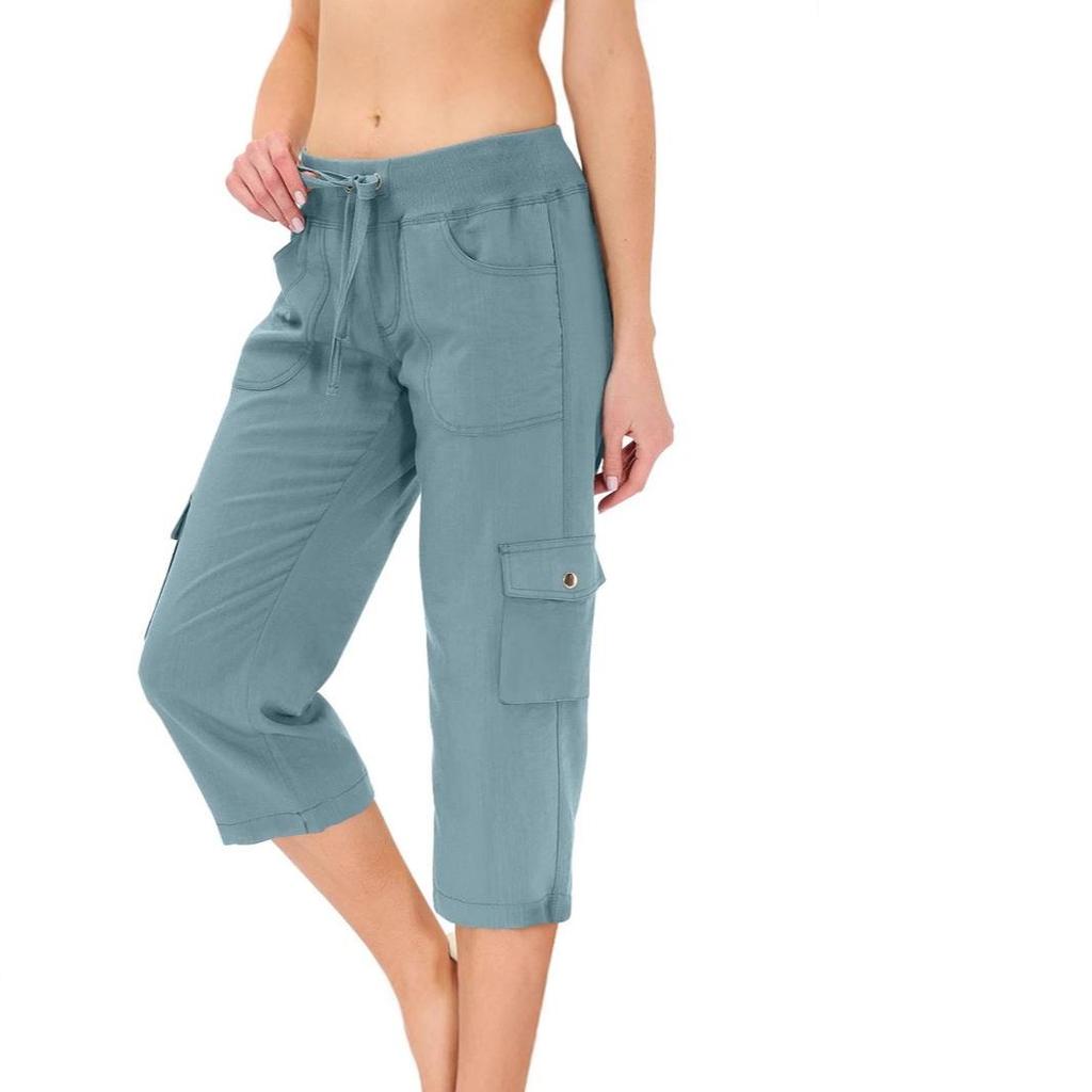Spring and Summer Ladies Solid Color Drawstring Fitness Running with Pockets Outdoor Mountaineering Casual Overalls Cropped Pants