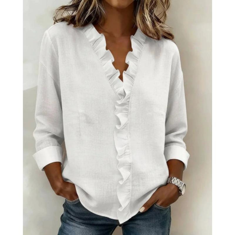 TIFICY Women's Fashion Casual Spring Autumn Solid Color Print Long Sleeve V-Neck Blouses & Shirts