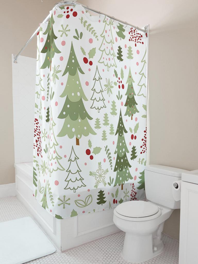Christmas Themed Shower Curtain With Cute Green Trees Red Berries Snowflakes Festive Bathroom Decor Easy To Clean And Maintain