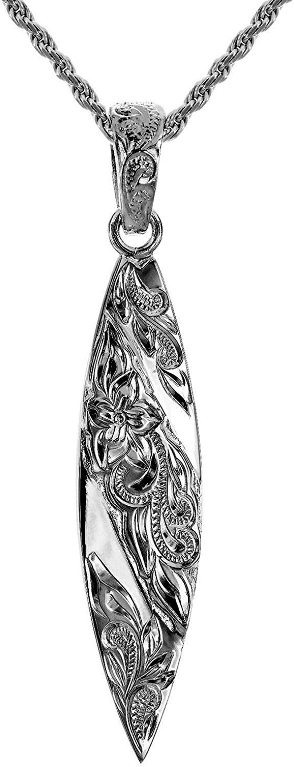 

Leilani Hawaiian Surfboard Plumeria & Scroll (Wave) Carved Pendant Necklace for Men, 925 Sterling Silver (Includes 55cm Rope Chain)