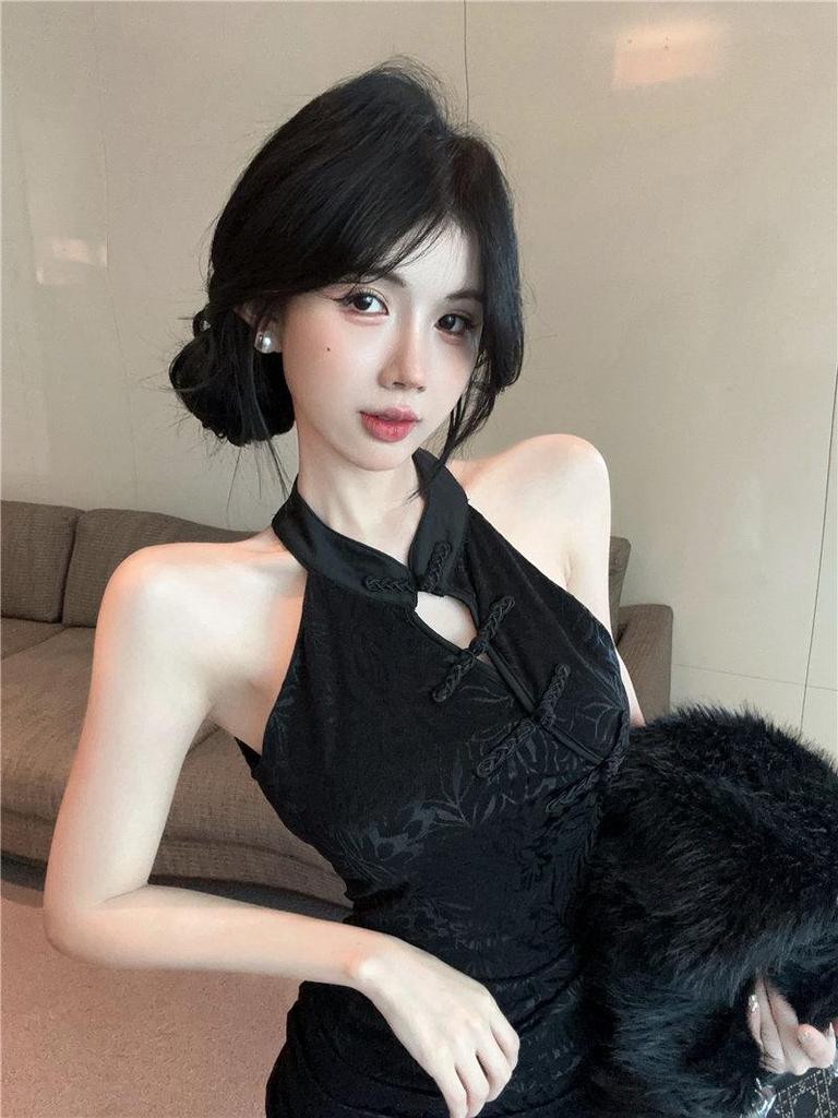 Petite High-Waisted Halter Cheongsam Bodycon Dress for Women