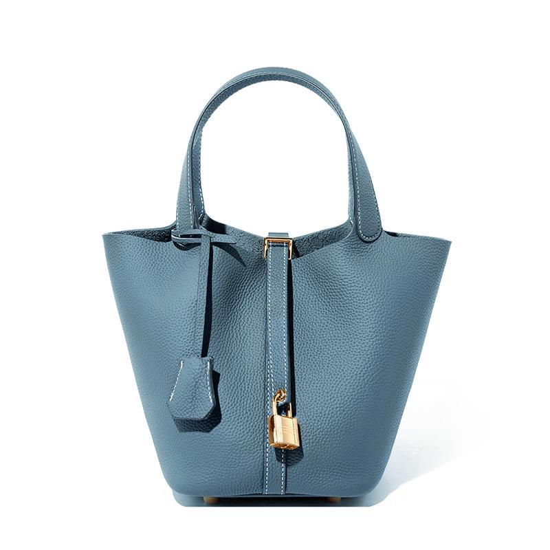 Luxury Brand Genuine Leather Shoulder Bucket Bag Women Litchi Pattern Mini Basket Tote Soft Handbag Mommy Bride Wedding Bags with Lock