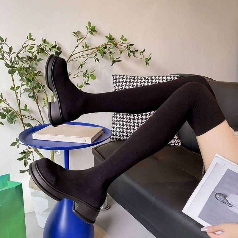 Fashion Black Knitted Elastic Sock Above Over The Knee Shoes Woman Autumn Winter 2025 New Round Toe Platform Thigh High Boots for Women
