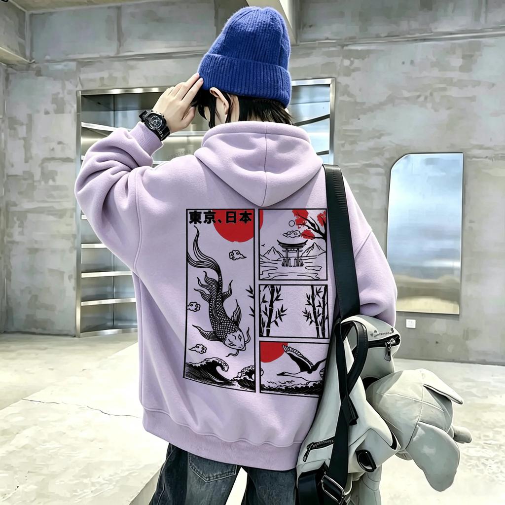 Nieuwe casual hoodie met lange mouwen in vintage stijl voor kinderen, met kunst-geïnspireerde patronen van koi, kraanvogels en bergen.