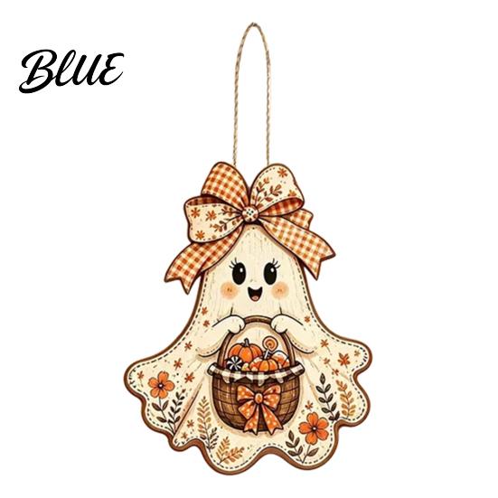 Autumn Porch Hanging Ornament Cute Bow Ghost Sign Rustic Retro Floral Door Sign with Pumpkin Outdoor Fall Entryway Basket Vintage Halloween
