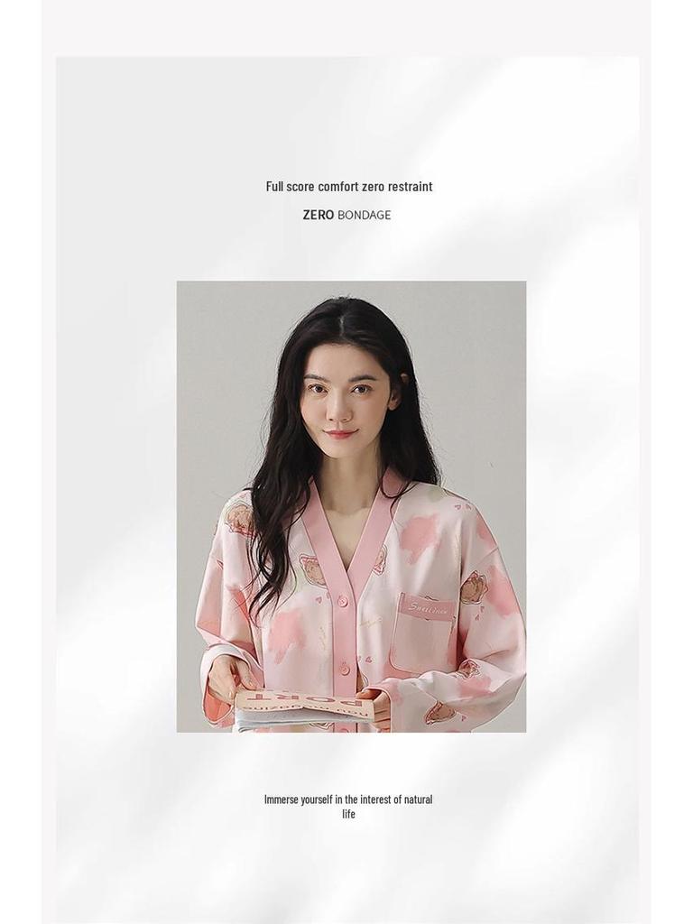 Damen Pyjama-Cardigan-Set aus reiner Baumwolle mit langen Ärmeln - Niedlich und locker für Frühling und Herbst