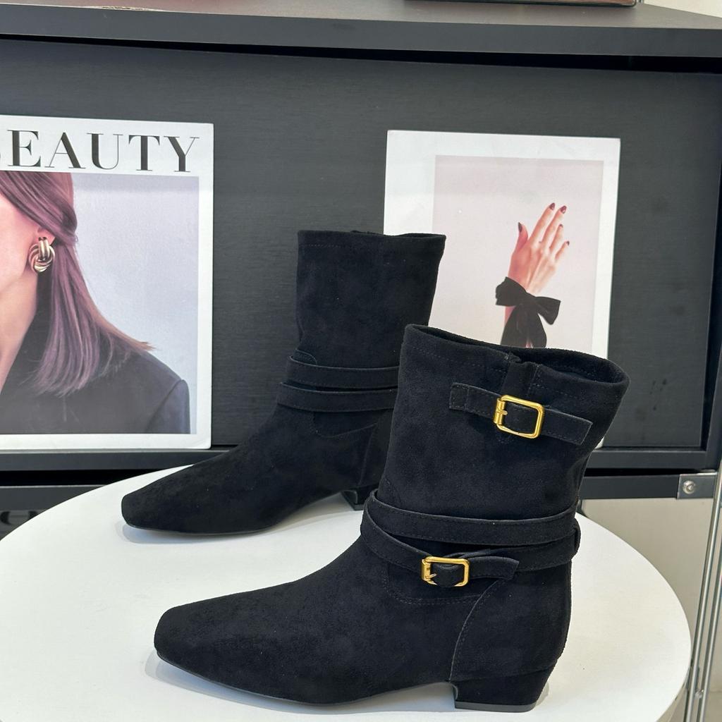 Retro Pustynny Styl Zachodnie Buty Damskie 2025 Jesień i Zima Nowe Kwadratowy Nosek Średnie Buty Obcas Kotek Obcisłe Buty Martinowe Buty Jeździeckie