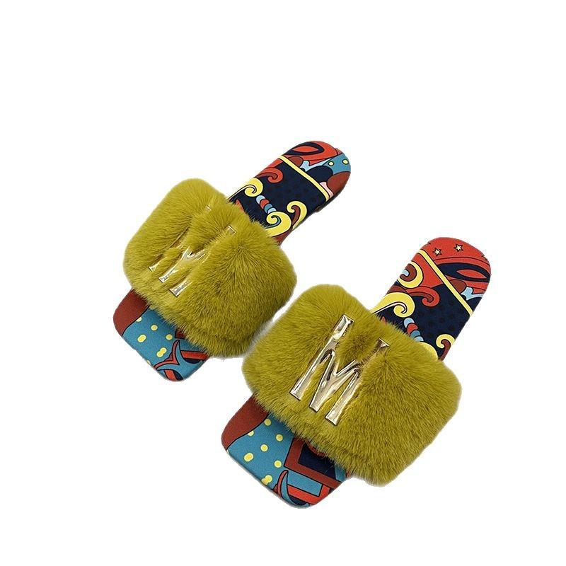 Foreign trade 2025 fairy wind fluffy slippers female outer wear flat bottom square head open toe simple Internet celebrity large size M drag