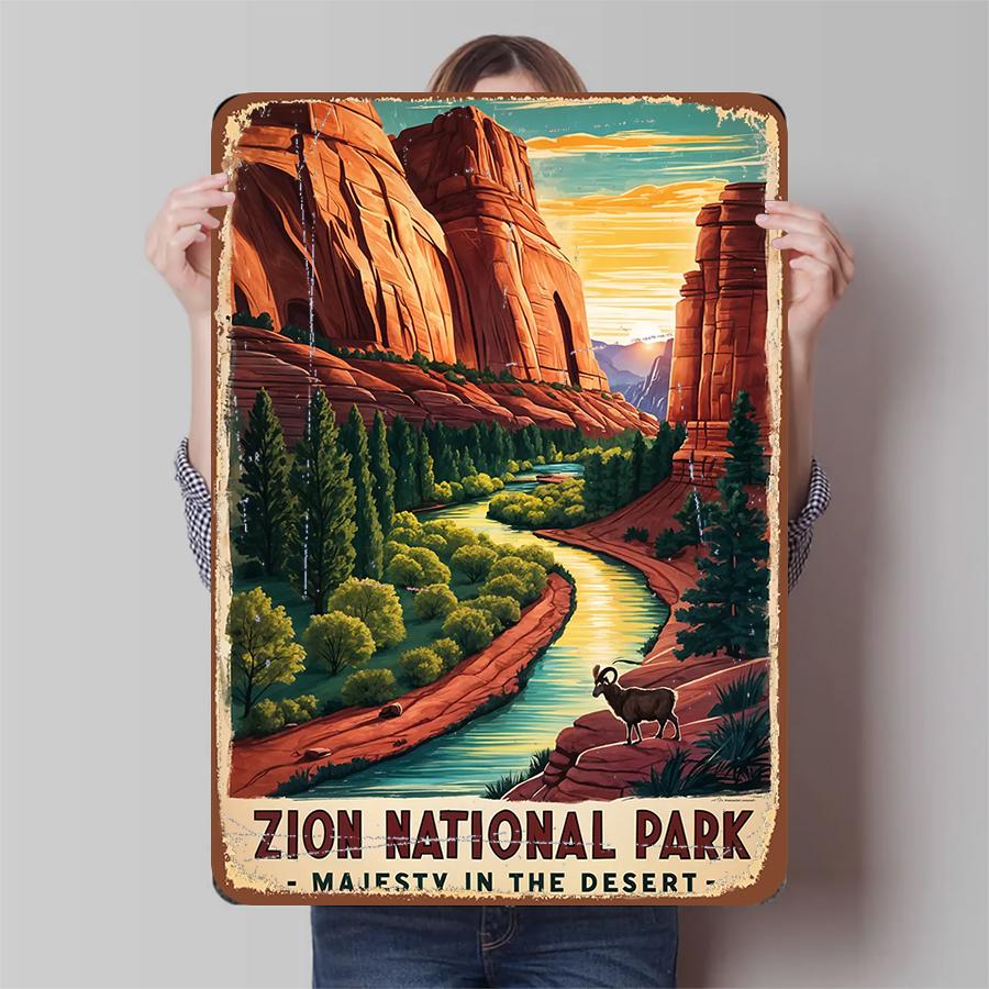 Zion National Park Vintage Metal Wall Art Retro Desert Landscape Poster Home Decor for Living Room Office 20x30cm（7.8x11.8inch）