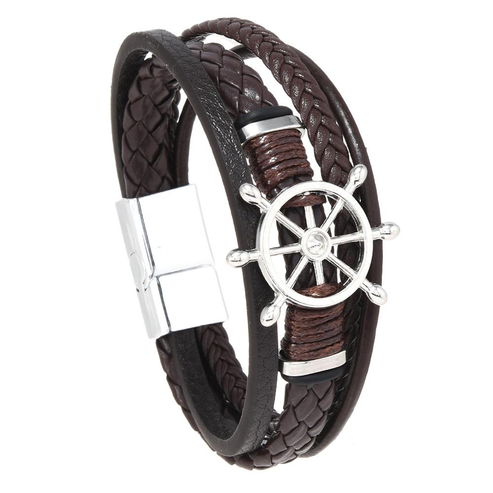 Retro Style Zinc Alloy Ship's Wheel Multi-layer Men's Leather Bracelet