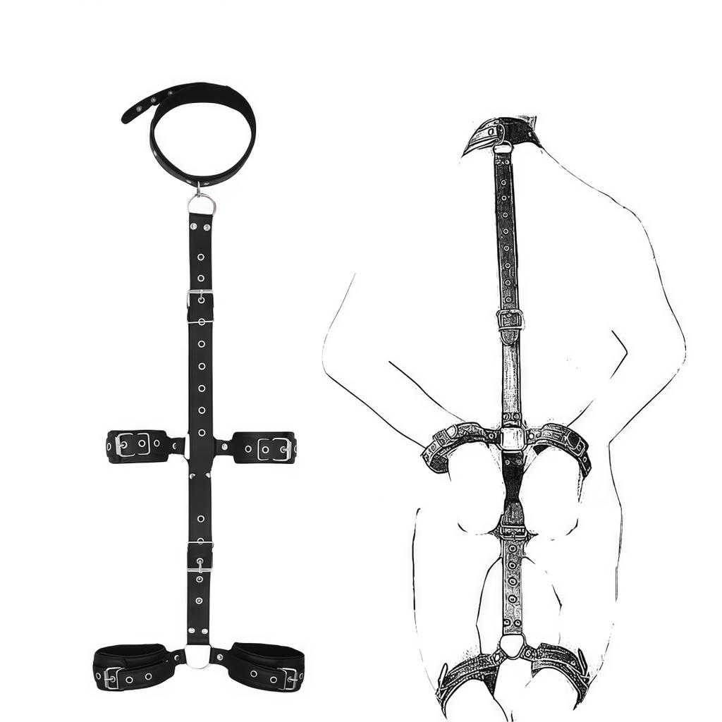 Adjustable Neck To Wrist Ankle BDSM Bondage Kit with Collar Handcuffs Chain Leash Straps for Couples Role Play Sex Toys