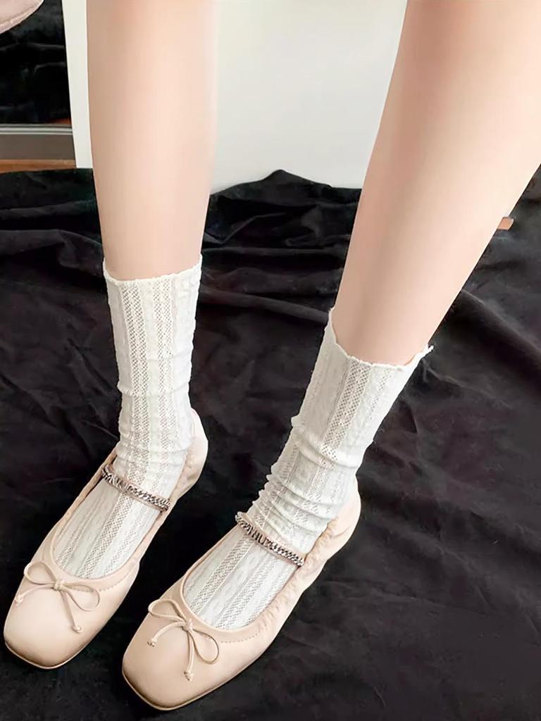 Elegant White Cable Knit Mid-Calf Socks: Women's Ballet Style Lace Mesh Leg Warmers