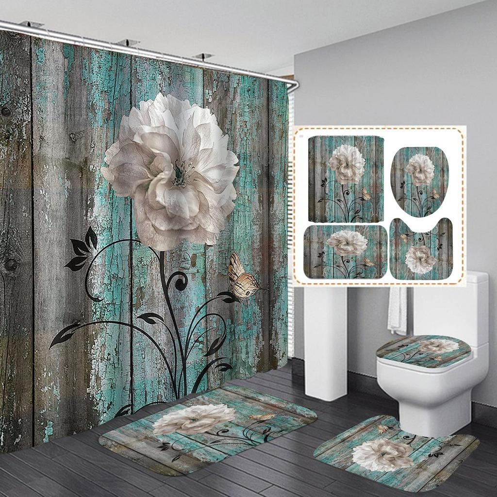 Butterfly Daisy Sunflower Shower Curtain Sets Retro Floral Vintage Country Farmhouse Flower Rustic Wooden Bathroom Decor Sets