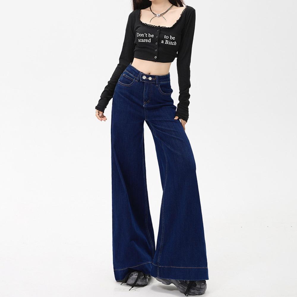 Harajuku Versatile High Waist Wide Leg Jeans Women's New Spring and Autumn Skinny Double Button Mopping Jeans Tide