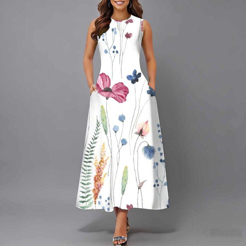 Plus Size Women Sleeveless Round Neck Dress Romantic Floral Printed Flowy Calf Length Gown