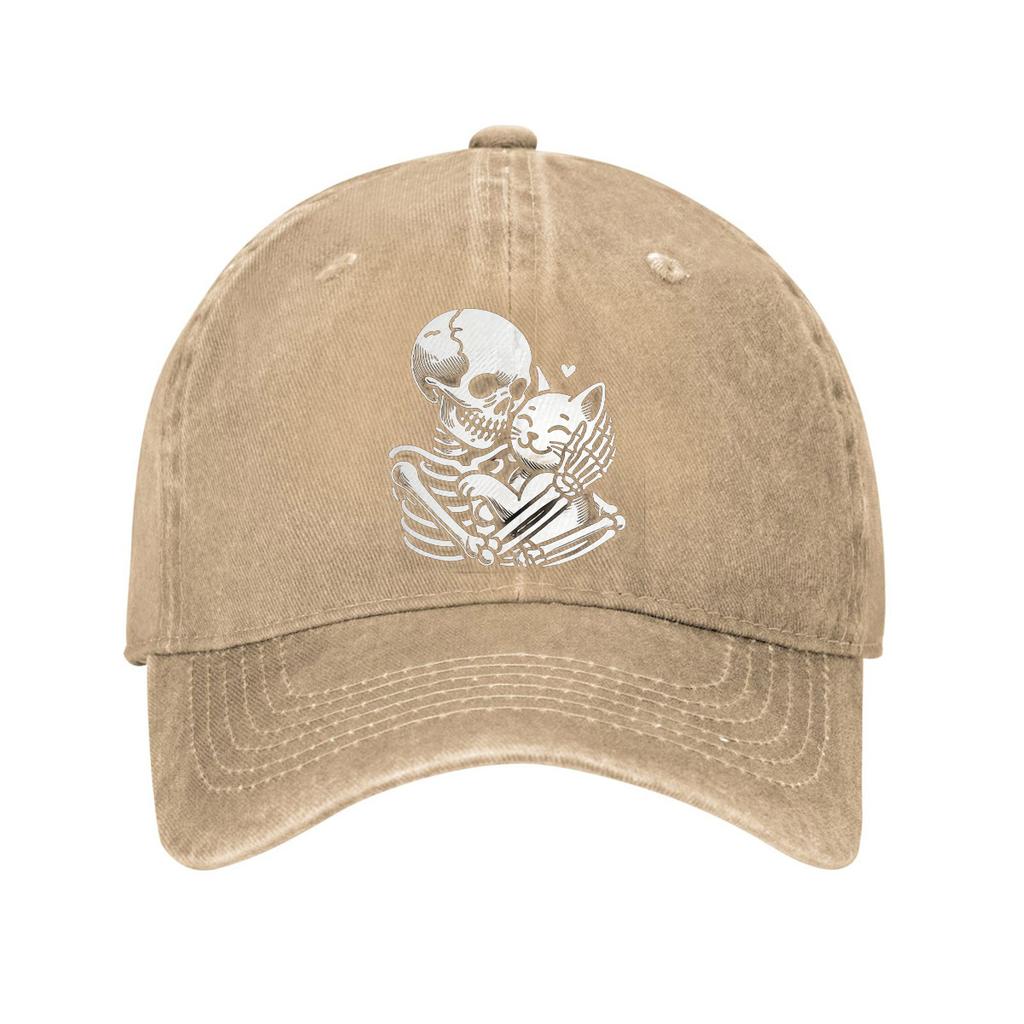 Skeleton Hugging Cat Print Baseball Cap Cotton Adjustable Curved Brim Dad Hat Casual Unisex