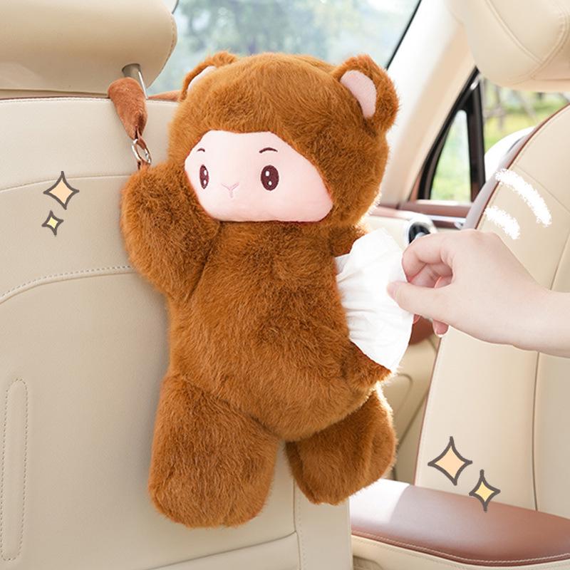 Plush Monkey Car Tissue Holder: Cute Cartoon Doll Pull-Out Tissue Box for Interior.