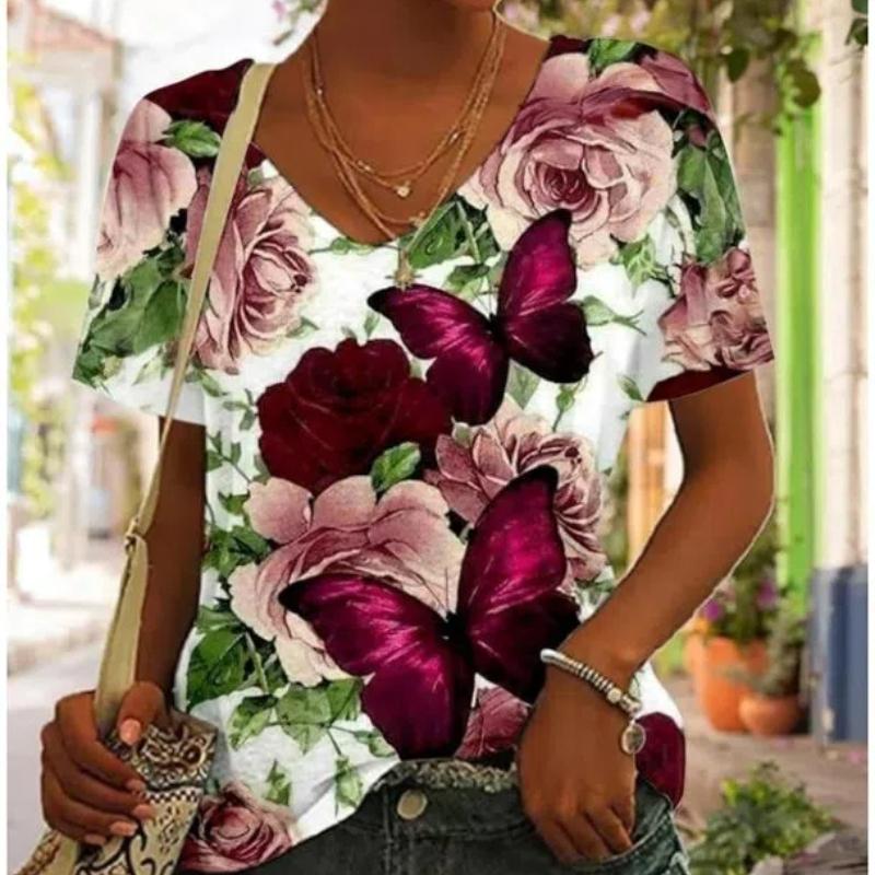 

Летняя женская футболка, топы с 3D принтом и цветочным рисунком, повседневные розово-розовые модные повседневные футболки с коротким рукавом и v-образным вырезом для девочек 3XL