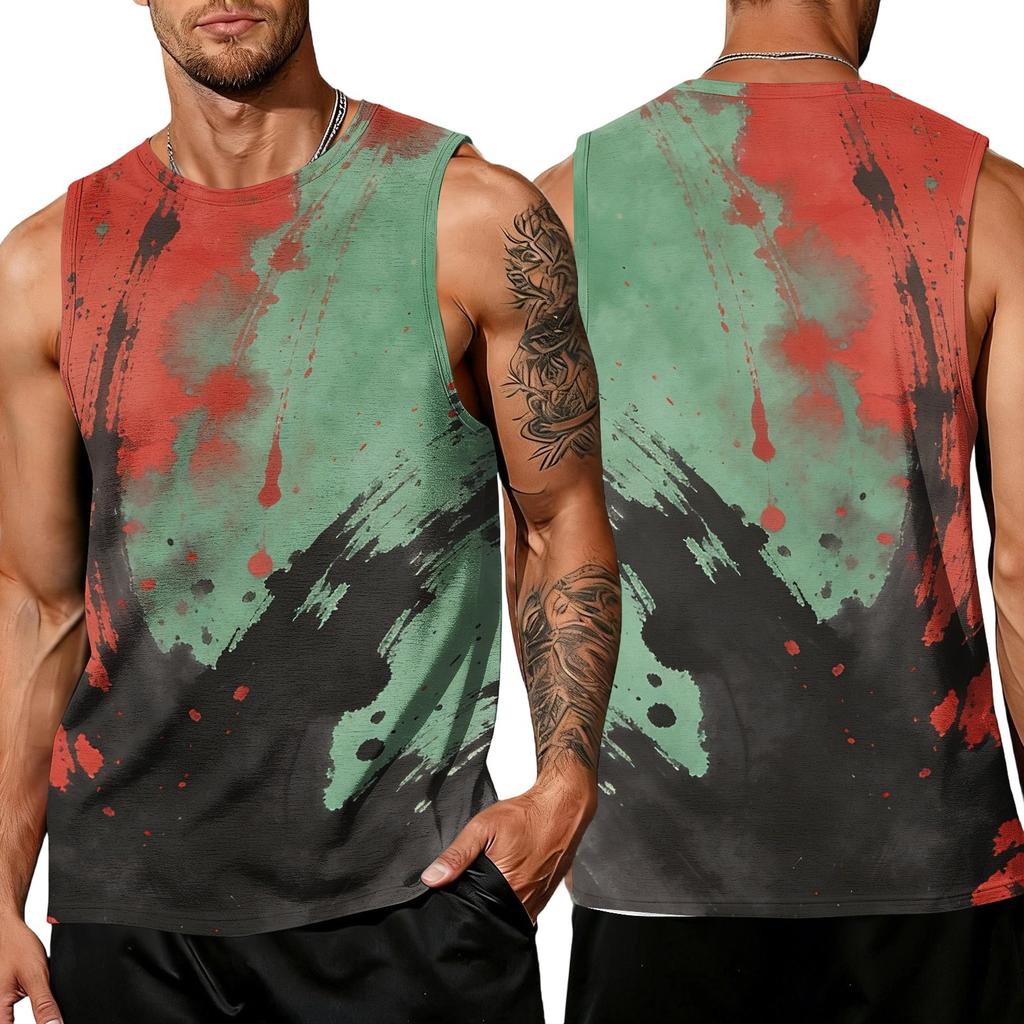 Herren Ärmelloses Tanktop Lässig Trendig Farbspritzer-Print Atmungsaktiv Sportliches Muskelshirt Leichtes Sommer-Trainingsweste
