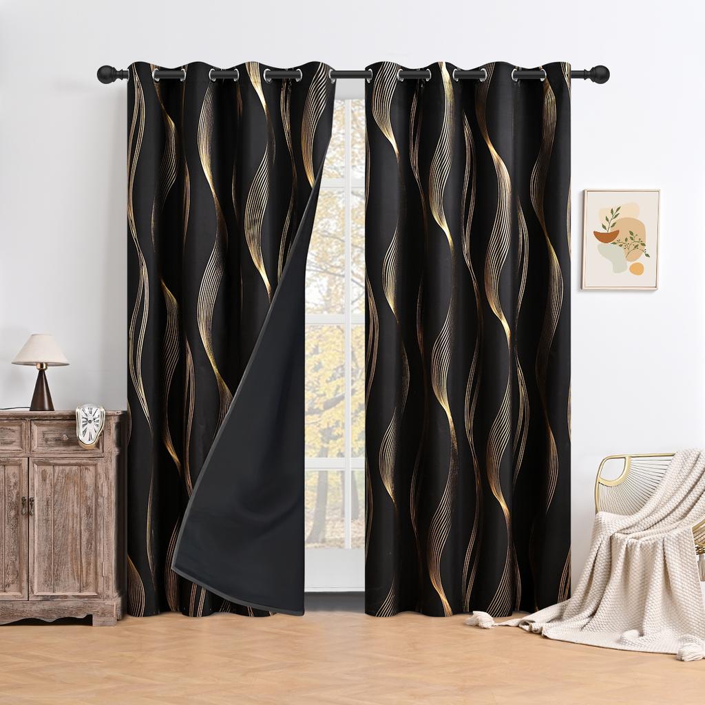 1PC Full Blackout Hot Stamping Wave Pattern Perforated Curtain, Suitable for Hotel Bedrooms and Living Rooms