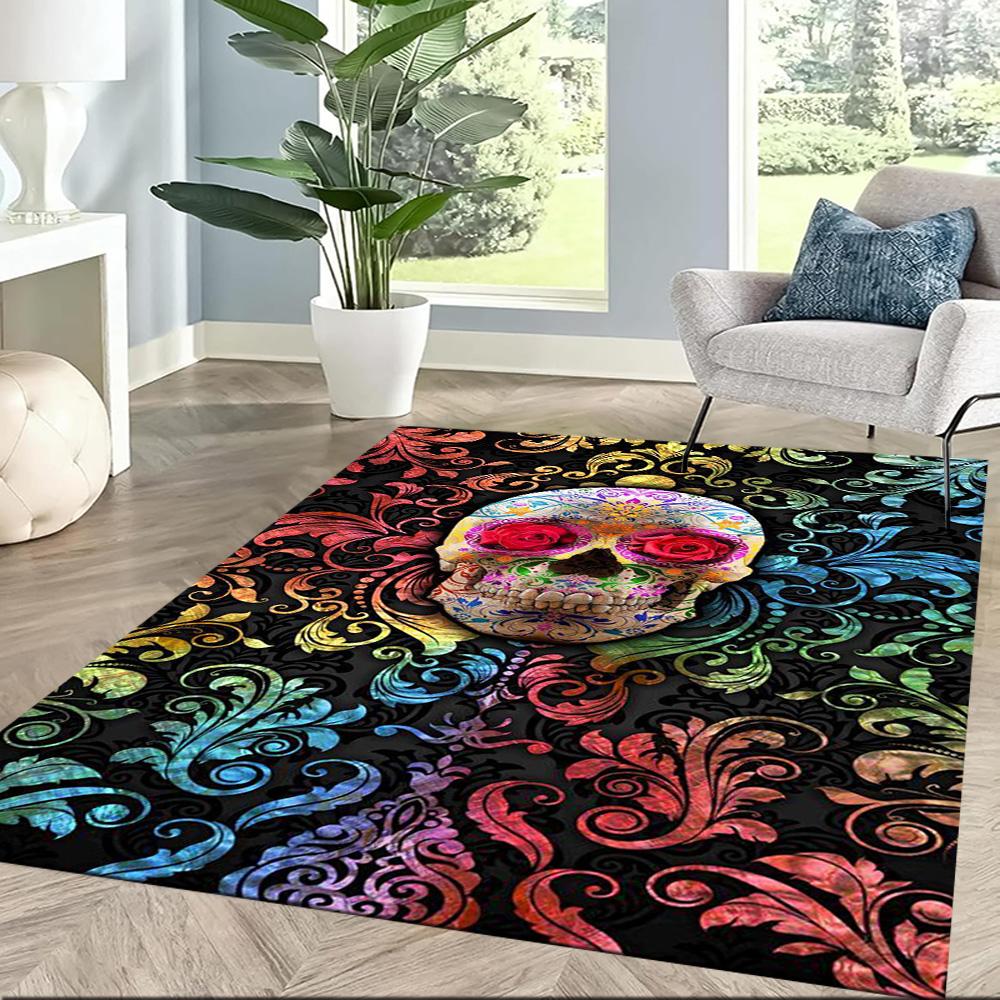 Colorful Skull Artwork Floor Mats for Living Room, Bedroom and Room Decoration Are Suitable for Gifts.