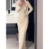 High-end Imperial Sister Fan V-neck Long-sleeved Knitted Dress, Sexy Waist and Thin Vertical Pit Strip Hip-wrapped Dress