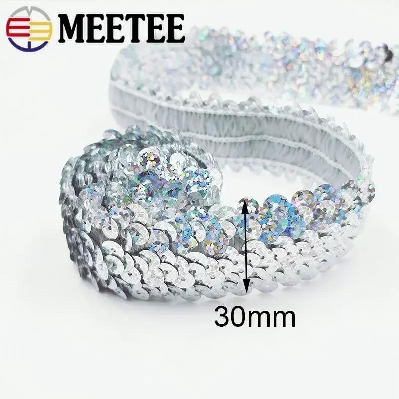2/5/10Meters Meetee 30mm Sequin Lace Ribbon Stretch Fabric Laces Trim for Clothes Elastic Band DIY Sewing Decoration Accessories