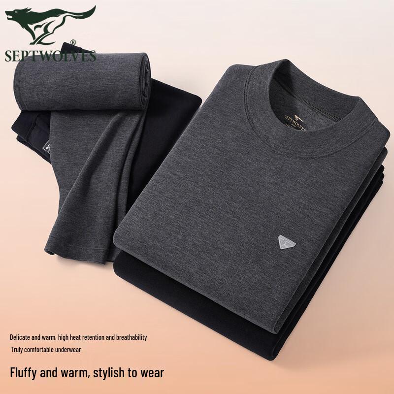 Septwolves Men's Mid-Neck Thickened Fleece Thermal Underwear Set