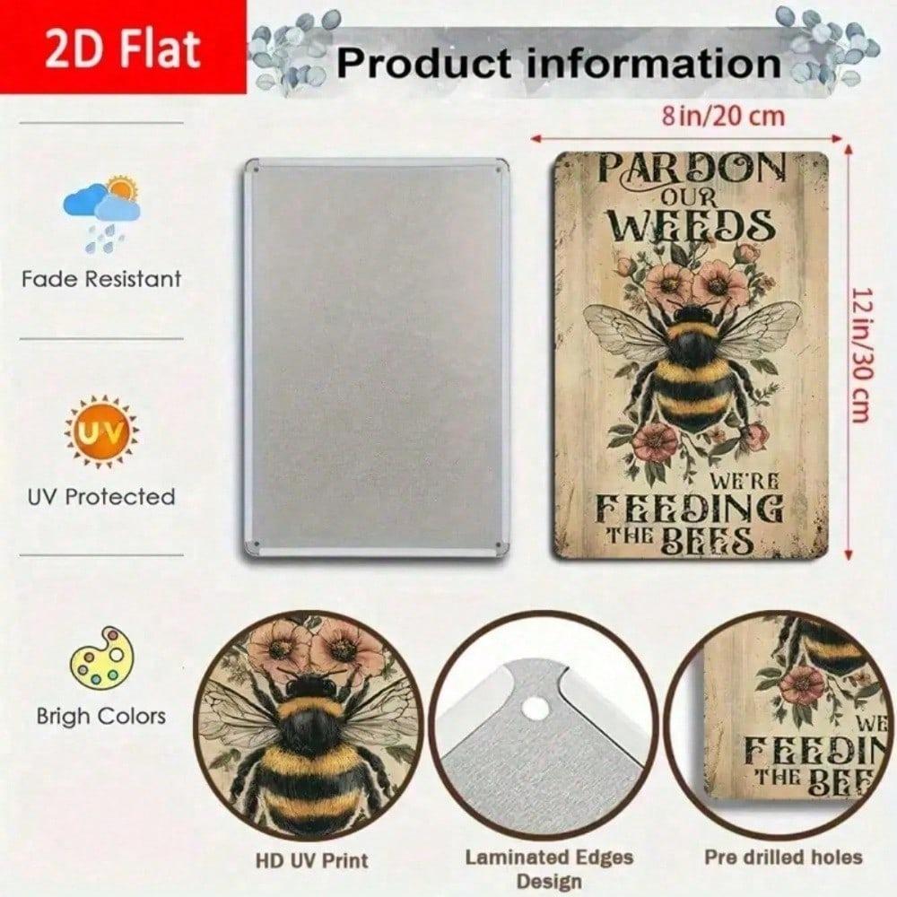 Rustic Bee Tin Sign Metal Wall Art Garden Decor Farmhouse Outdoor Yard Patio 8x12 Inch