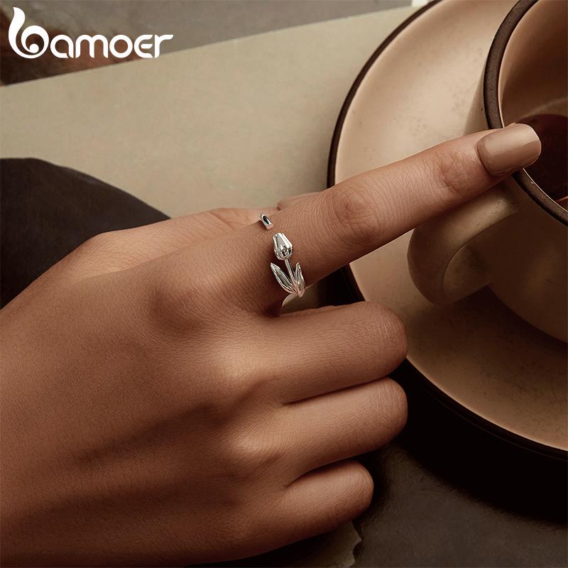 BAMOER Solid 925 Sterling Silver Adjustable Tulip Flower Rings Handmade High Polished Thumb Band Statement Ring for Women Girls Jewelry