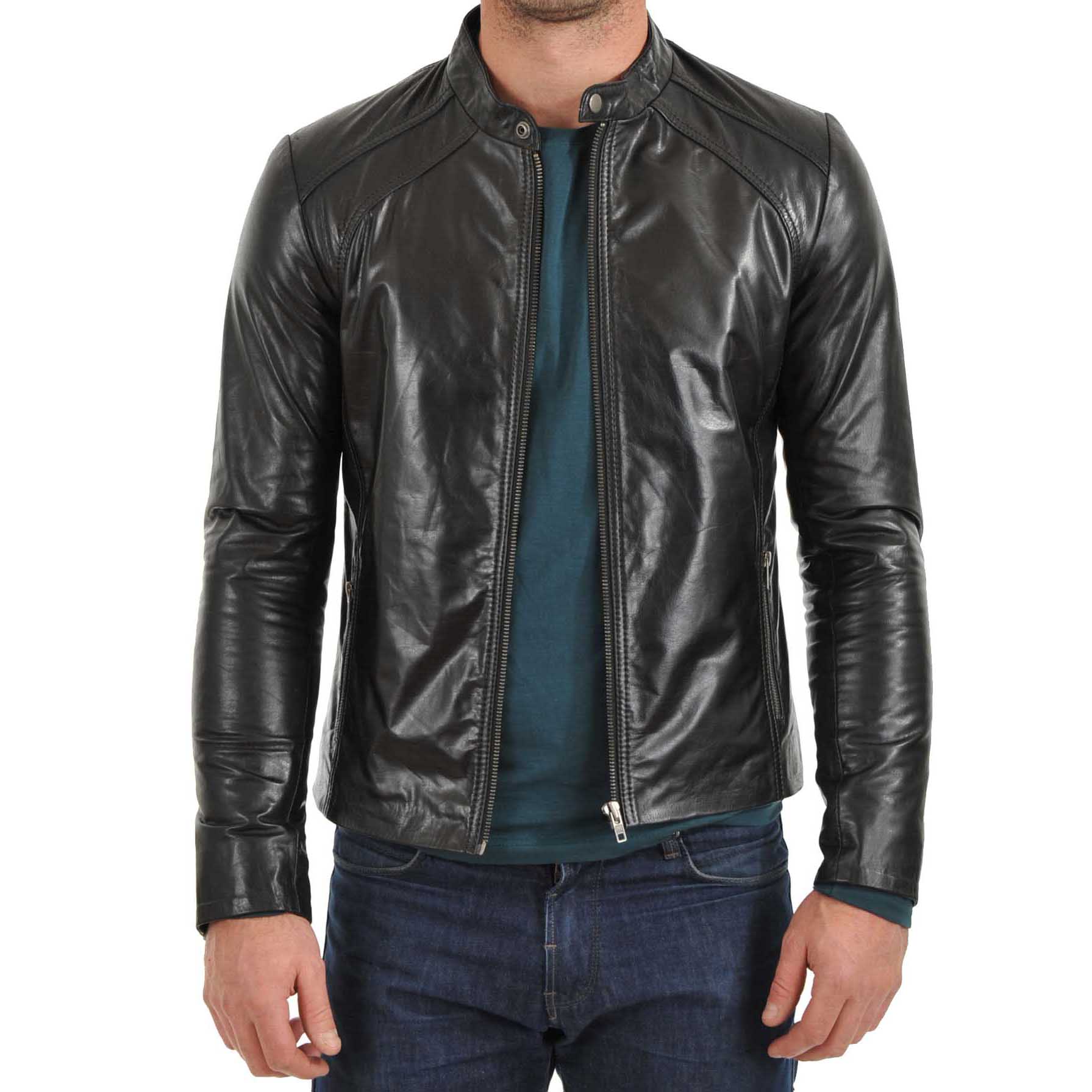 

SkinOutfit Men s Genuine Lambskin Black Leather Jacket Stylish Motorcycle Bomber Biker Outerwear MJ 60 XL чорний