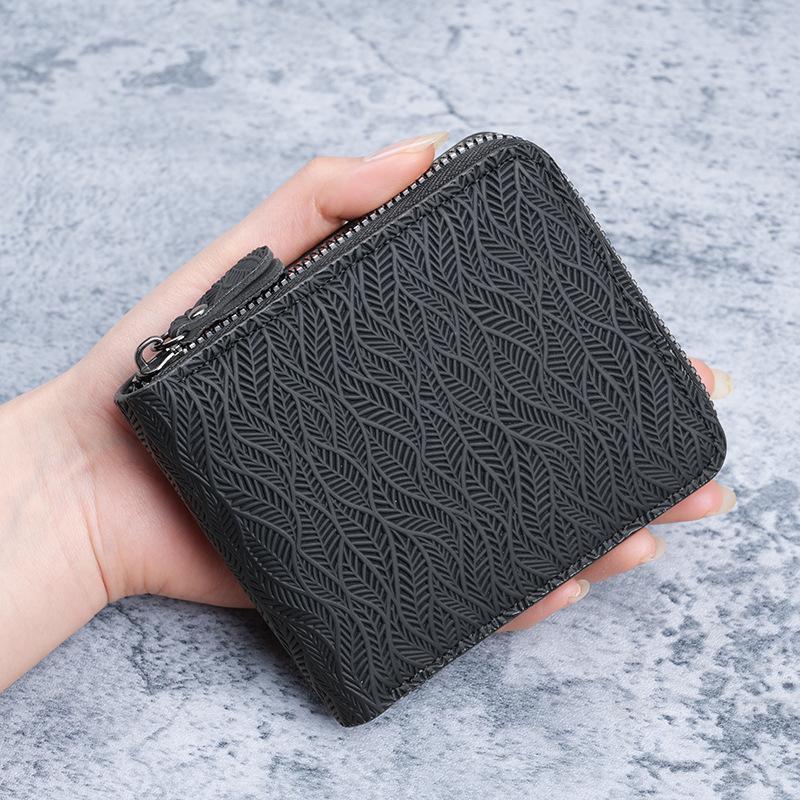 

Pu Leather Zipper Wallet Exquisite Minimalist Money Purse Card Holder With Coin Pocket Retro Vintage Leaf Embossed Wallet чёрный
