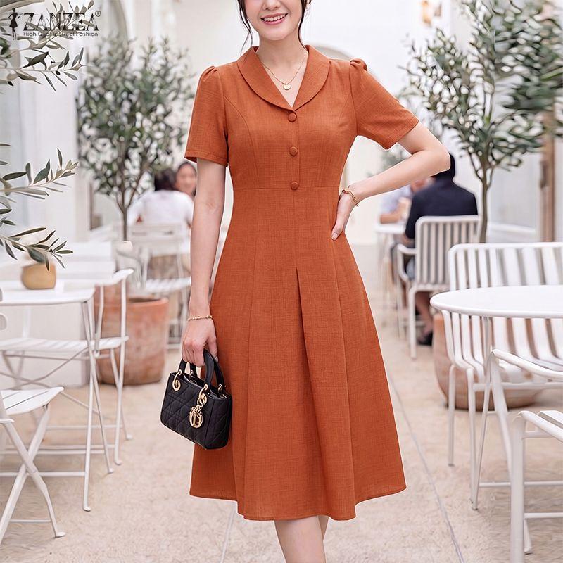 ZANZEA Elegant Women Turn Down Collar Casual Short Sleeve Dress