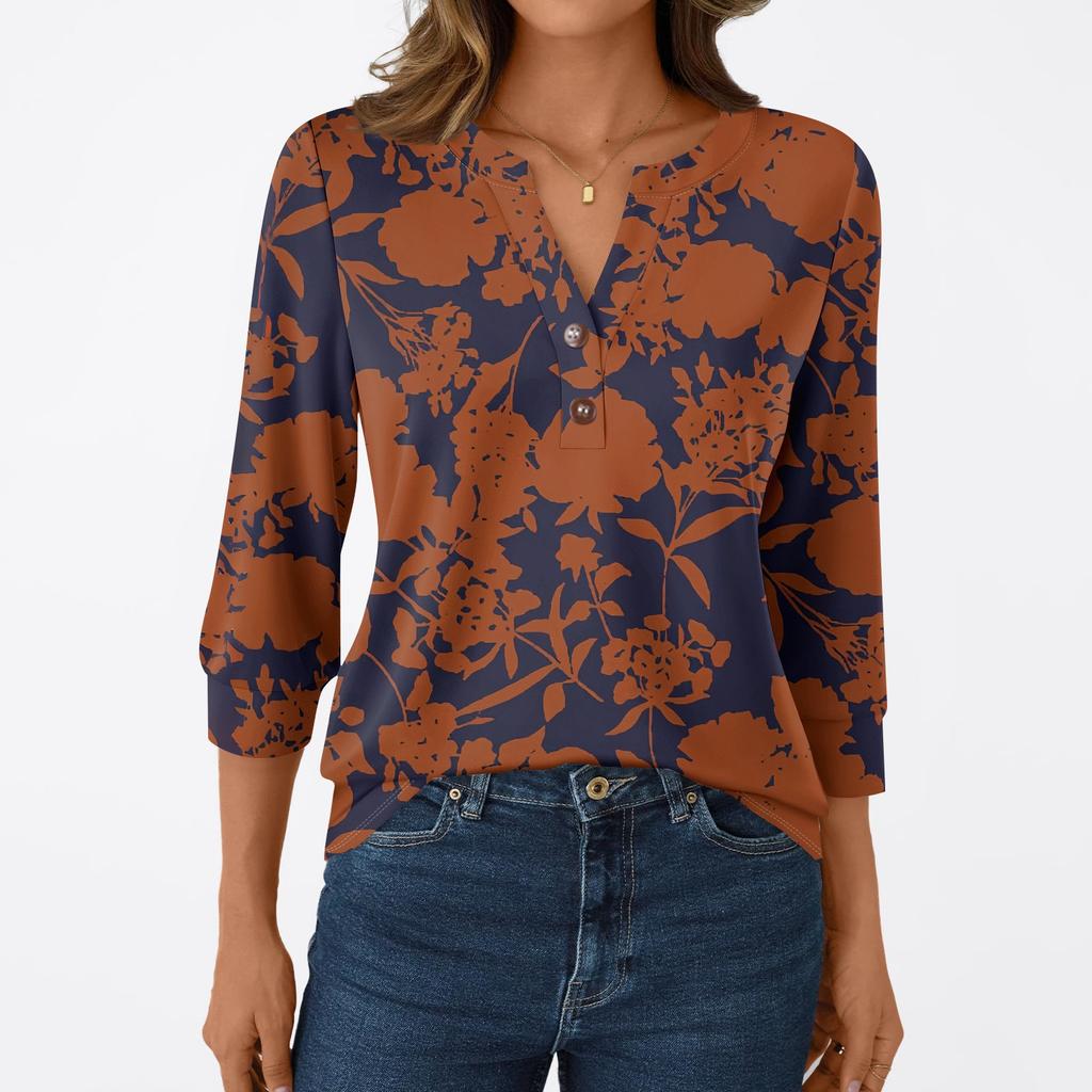 Women's Fashion Casual 3/4 Sleeve T-Shirt Prints V-Neck Button Top