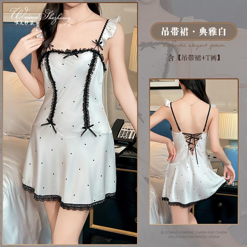 

Beautiful yarn bow polka dot slim suspender women s thin new dress lace pure desire strap M белый