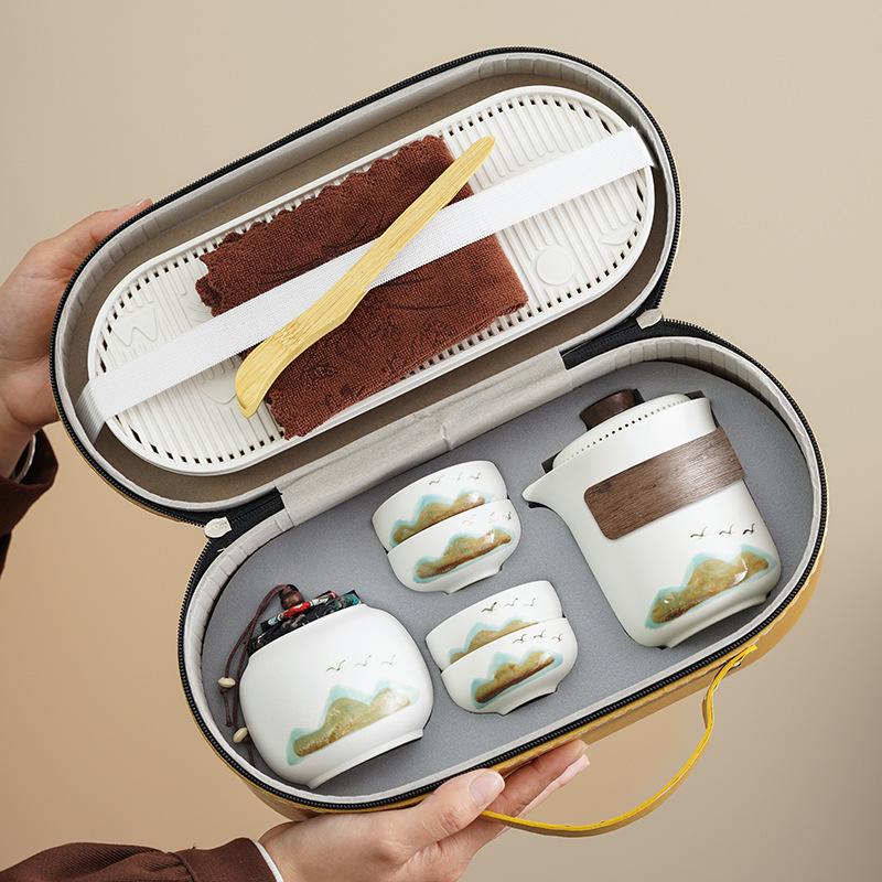 Travel Guochao Kuaike Cup Four Cups Business Tea Set Outdoor Souvenir Coarse Pottery Green Mountain Flying Birds