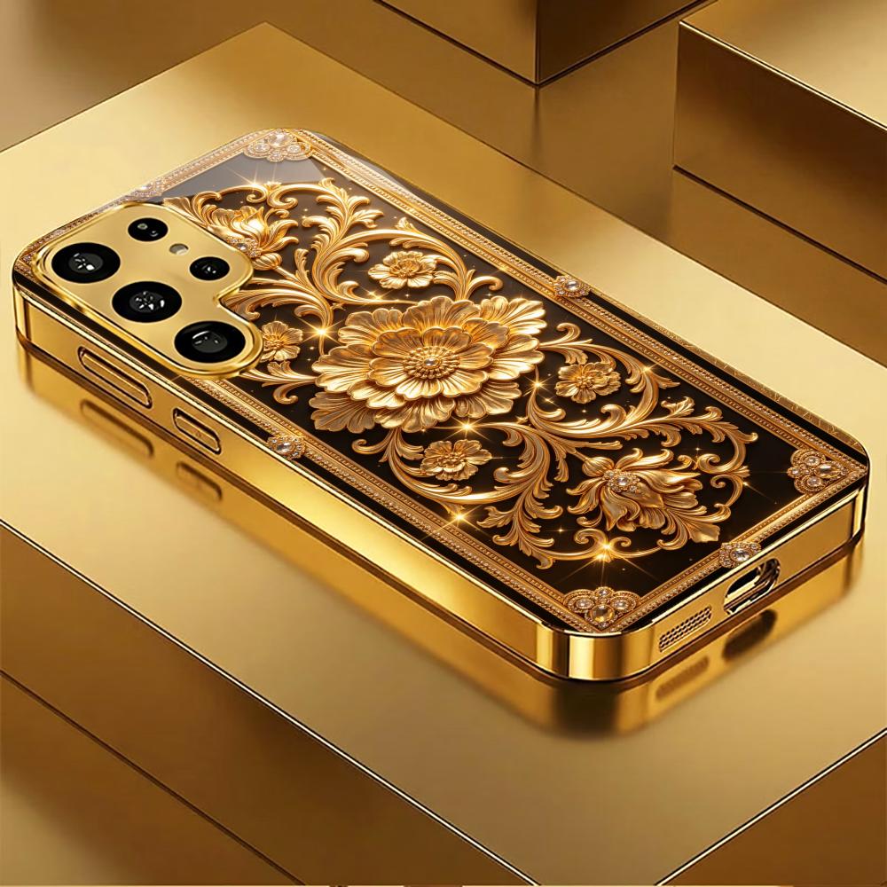 Golden vintage flowers phone case glass s26 ultra case s25 ultra case for Samsung Galaxy S26 S25 S24 S23 S22 FE Ultra Plus