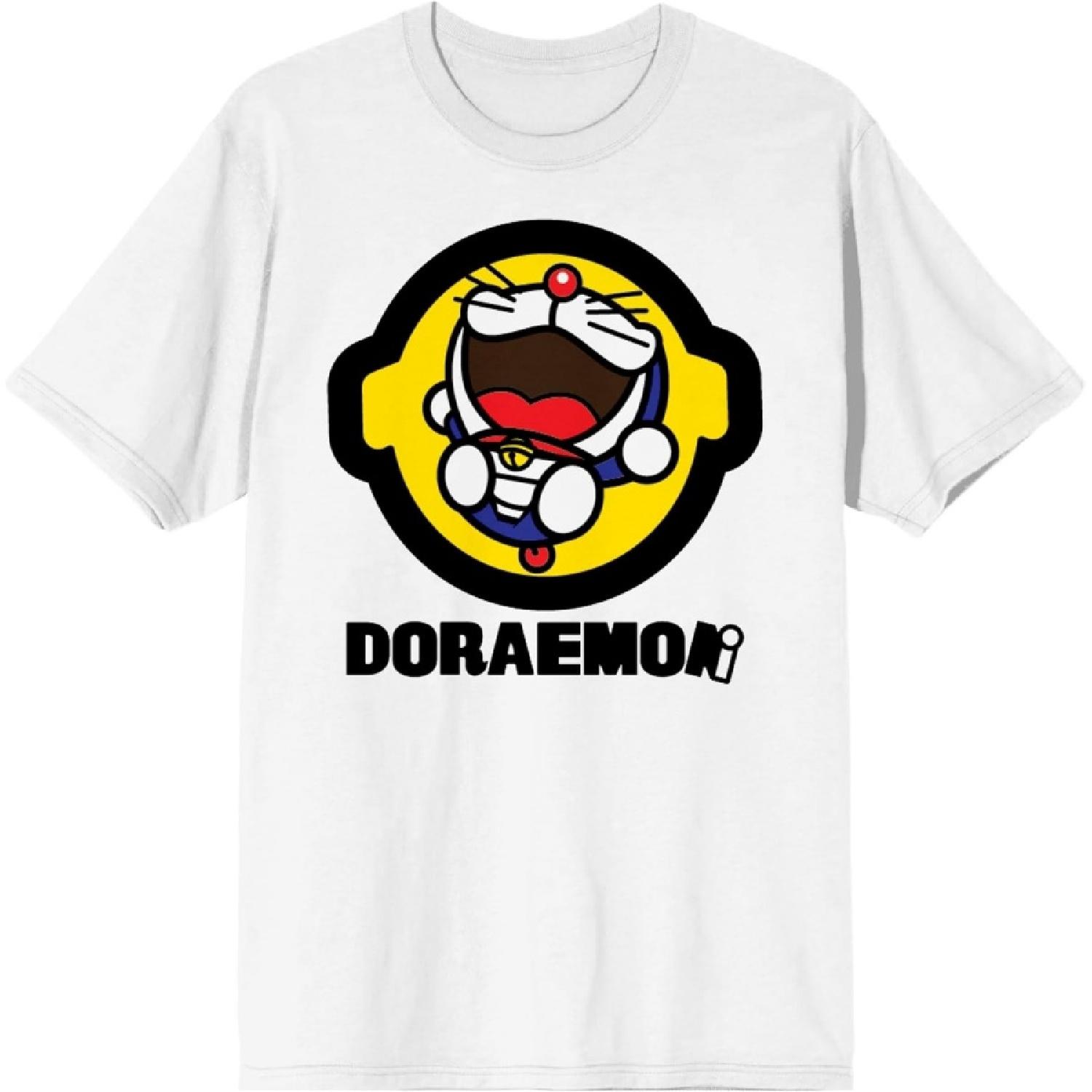 

Doraemon Laughing on Yellow circlular Frame Background and Logo on White Short Sleeve Adult T-Shirt XXXXXL