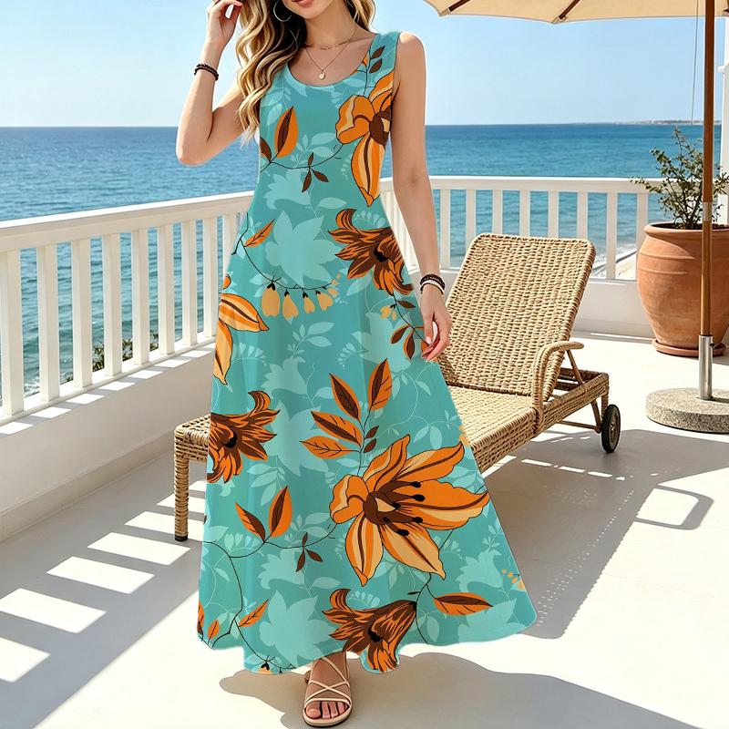 Sleeveless Maxi Dress Summer Casual Lightweight Flowy Dress,Full Flared Skirt,Fresh Style,Flattering for Vacation & Daily Wear,Versatile Fashion